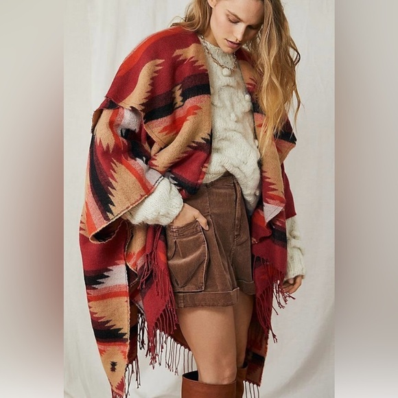 Free People Sweaters - Free people red crossroads aztec
Yellowstone poncho one size shawl fringe trim